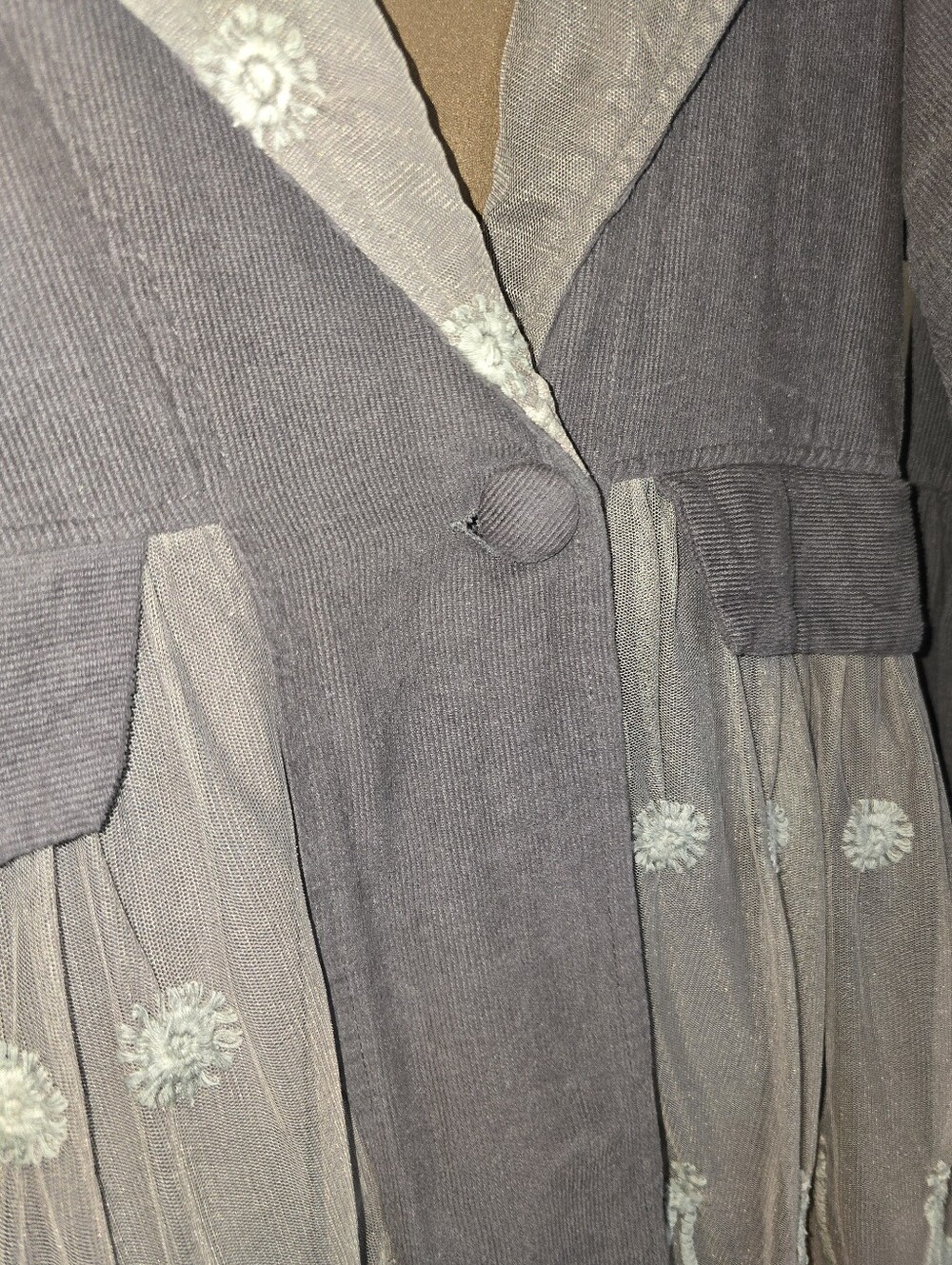 Sacred Threads Grey Corduroy & Embroidered Lace Hooded Jacket Coat - Size Small - Picture 3 of 13